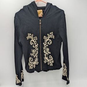 Soul Revival Black Crochet Lace Back Hoodie Star Zipper Embroidered Jacket Large